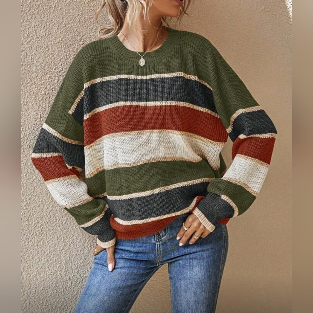New Oversize Casual Multi Stripe Loose Sweater Top Green Rust Cream